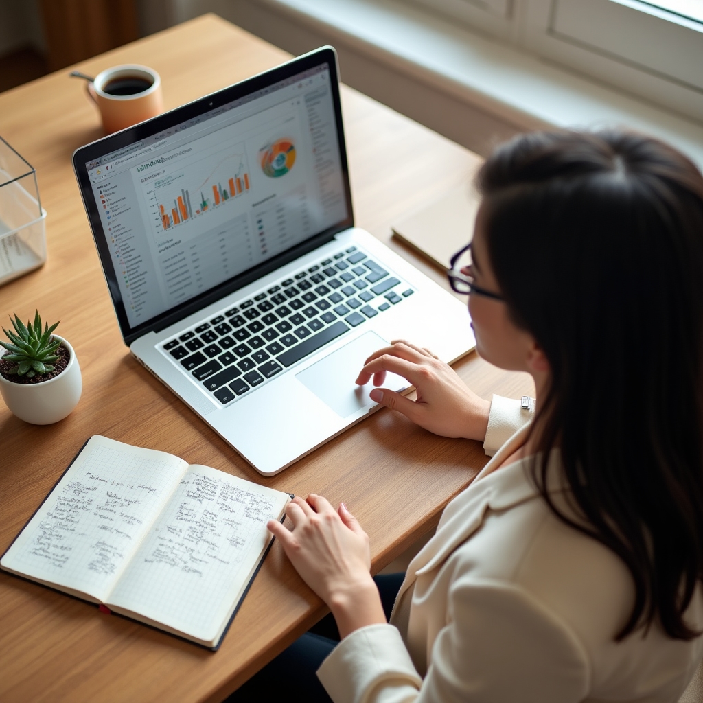 Overhead view of an analyst reviewing organic traffic charts on a laptop next to a notebook and coffee cup