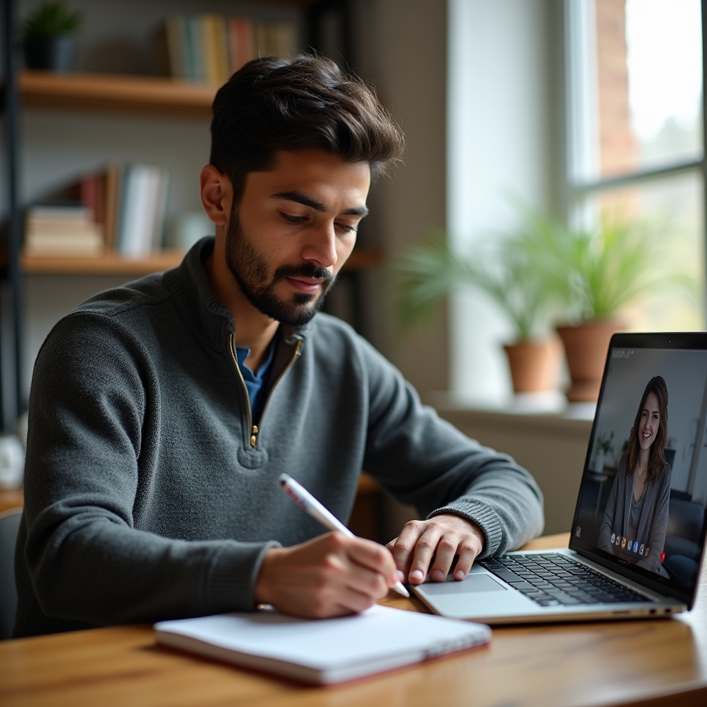 Person on a video call at a laptop taking notes about a new website audit engagement
